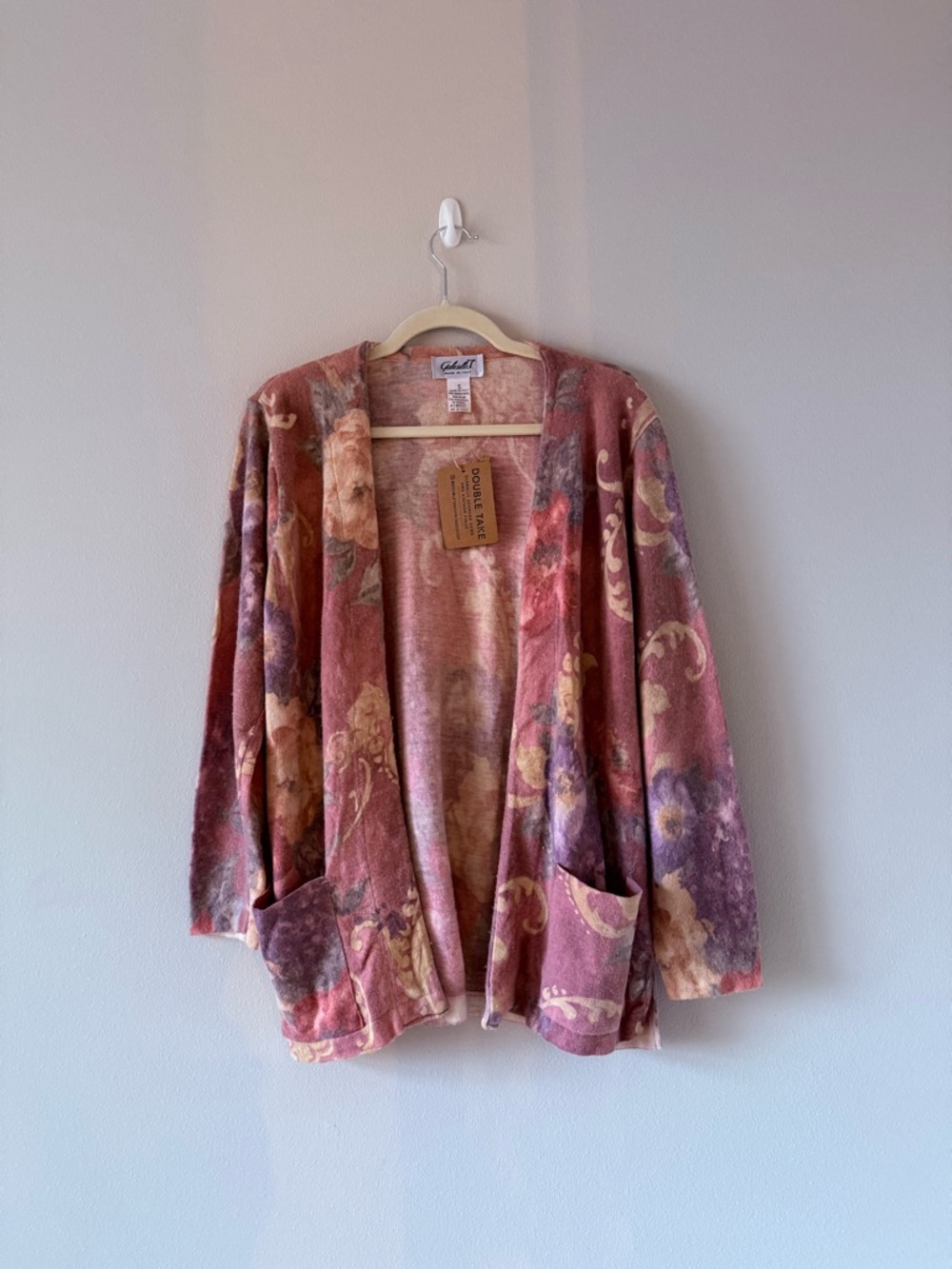 Vintage Gabriella T Made in Italy Floral Open Front Cardigan in Dusty Rose Small